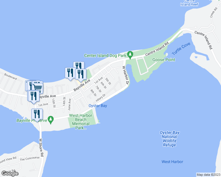 map of restaurants, bars, coffee shops, grocery stores, and more near 29 Hilary Drive in Bayville