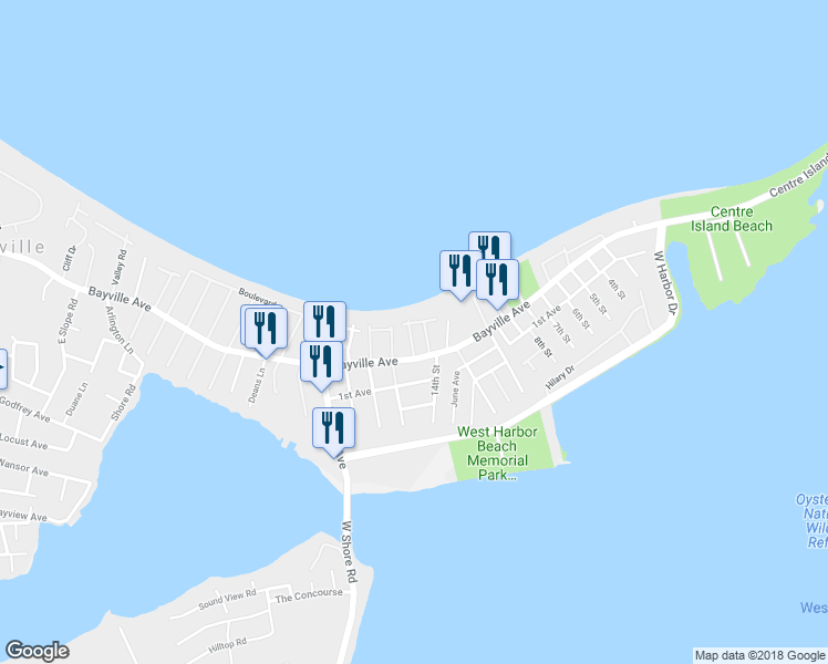 map of restaurants, bars, coffee shops, grocery stores, and more near 11 Shore Avenue in Bayville