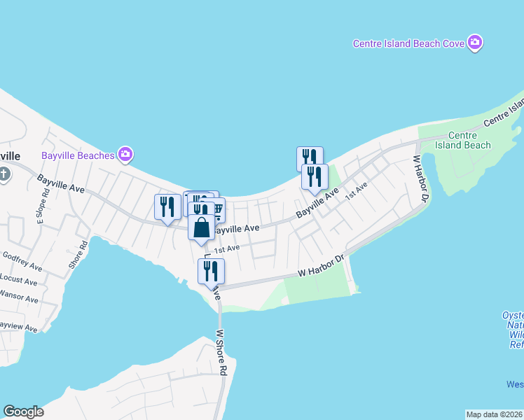 map of restaurants, bars, coffee shops, grocery stores, and more near 10 Shore Avenue in Bayville