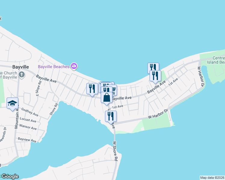 map of restaurants, bars, coffee shops, grocery stores, and more near 11 Sound Beach Road in Bayville