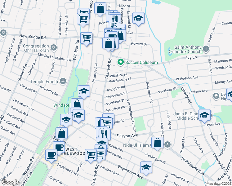 map of restaurants, bars, coffee shops, grocery stores, and more near 66 Stuyvesant Road in Teaneck