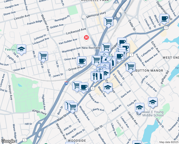 map of restaurants, bars, coffee shops, grocery stores, and more near 16 Bartels Place in New Rochelle