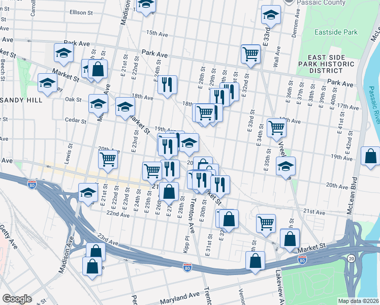 map of restaurants, bars, coffee shops, grocery stores, and more near 851 East 28th Street in Paterson