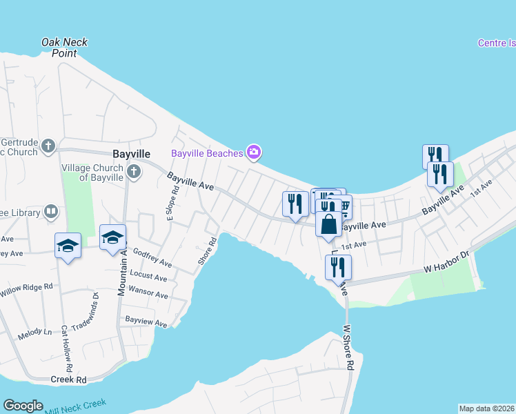 map of restaurants, bars, coffee shops, grocery stores, and more near 231 Bayville Avenue in Bayville