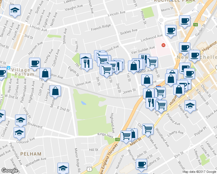 map of restaurants, bars, coffee shops, grocery stores, and more near 29 Lafayette Avenue in New Rochelle