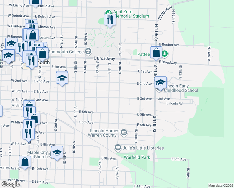 map of restaurants, bars, coffee shops, grocery stores, and more near 335 South 9th Street in Monmouth