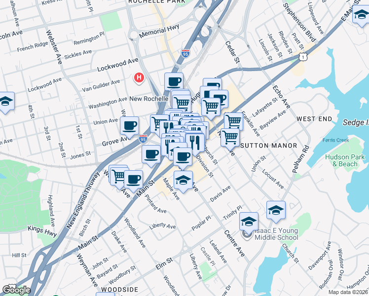 map of restaurants, bars, coffee shops, grocery stores, and more near 575 Main Street in New Rochelle