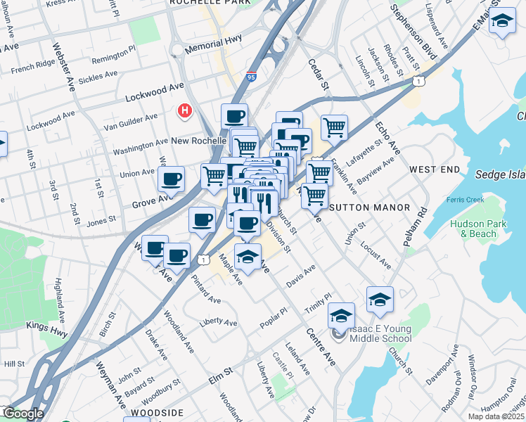 map of restaurants, bars, coffee shops, grocery stores, and more near 522 Main Street in New Rochelle