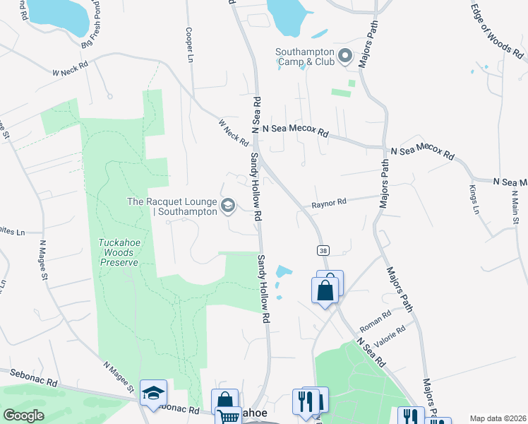 map of restaurants, bars, coffee shops, grocery stores, and more near 142 Sandy Hollow Road in Southampton