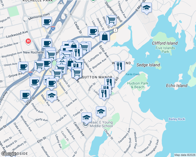 map of restaurants, bars, coffee shops, grocery stores, and more near in New Rochelle