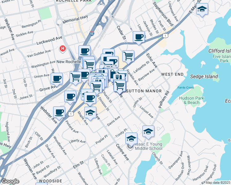 map of restaurants, bars, coffee shops, grocery stores, and more near in New Rochelle