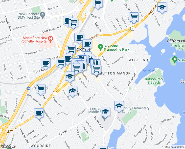 map of restaurants, bars, coffee shops, grocery stores, and more near in New Rochelle