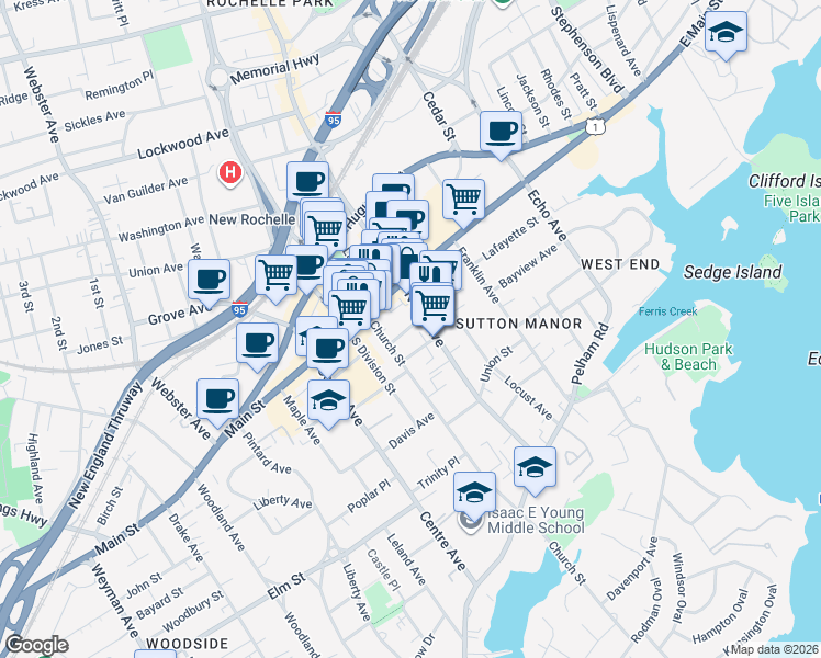 map of restaurants, bars, coffee shops, grocery stores, and more near in New Rochelle