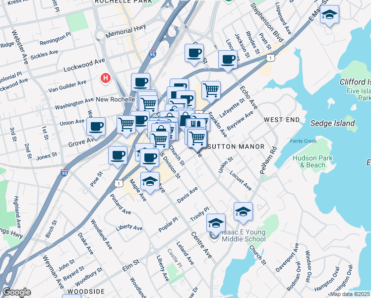 map of restaurants, bars, coffee shops, grocery stores, and more near in New Rochelle
