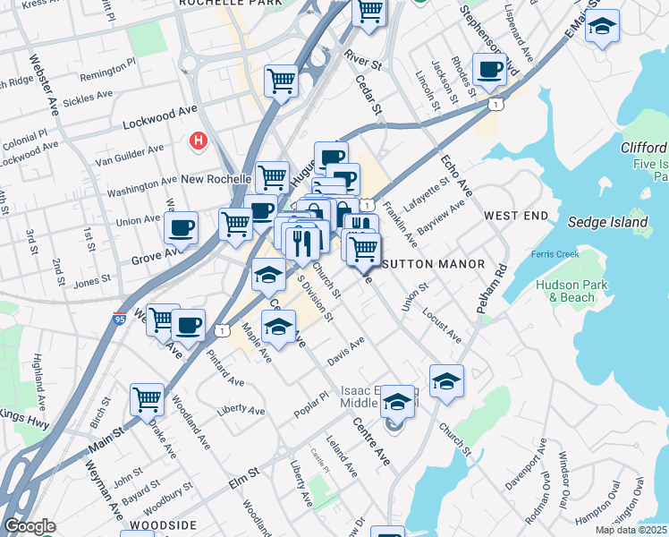 map of restaurants, bars, coffee shops, grocery stores, and more near in New Rochelle