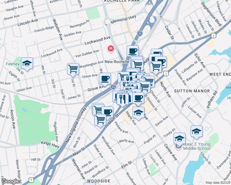 map of restaurants, bars, coffee shops, grocery stores, and more near 16 Bartels Place in New Rochelle