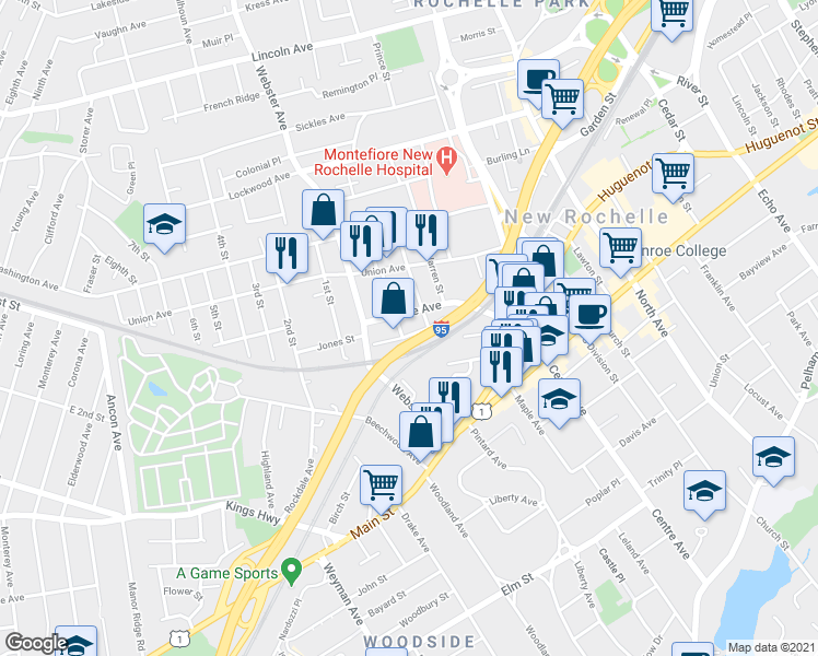 map of restaurants, bars, coffee shops, grocery stores, and more near 65 Crescent Avenue in New Rochelle