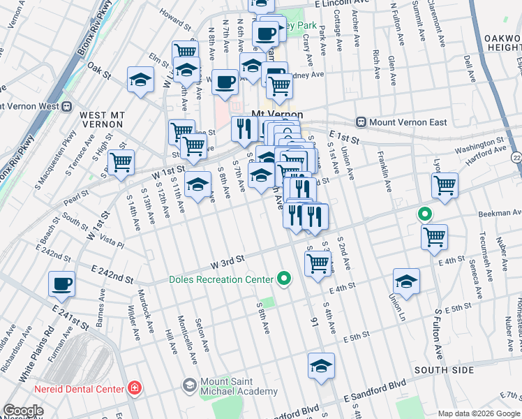 map of restaurants, bars, coffee shops, grocery stores, and more near 121 South 6th Avenue in Mount Vernon