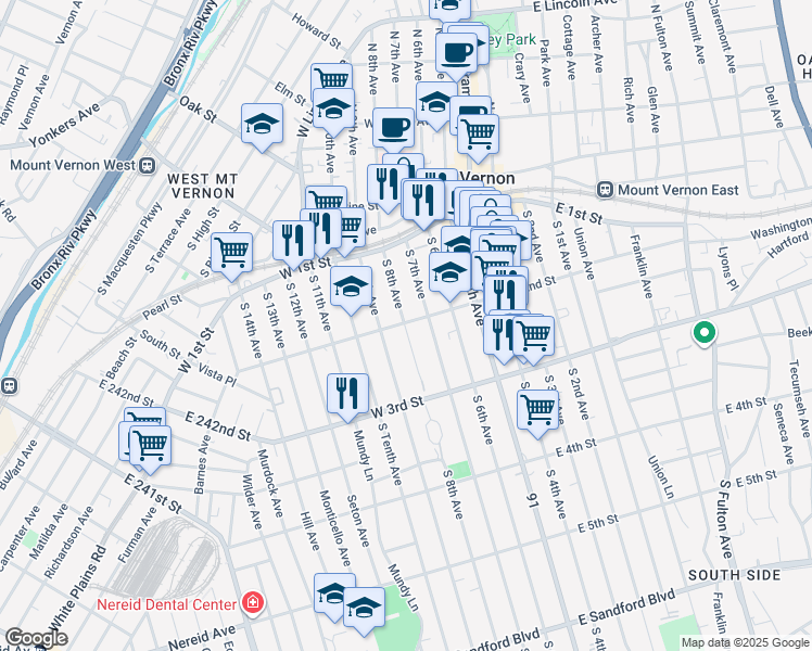 map of restaurants, bars, coffee shops, grocery stores, and more near 116 West 2nd Street in Mount Vernon