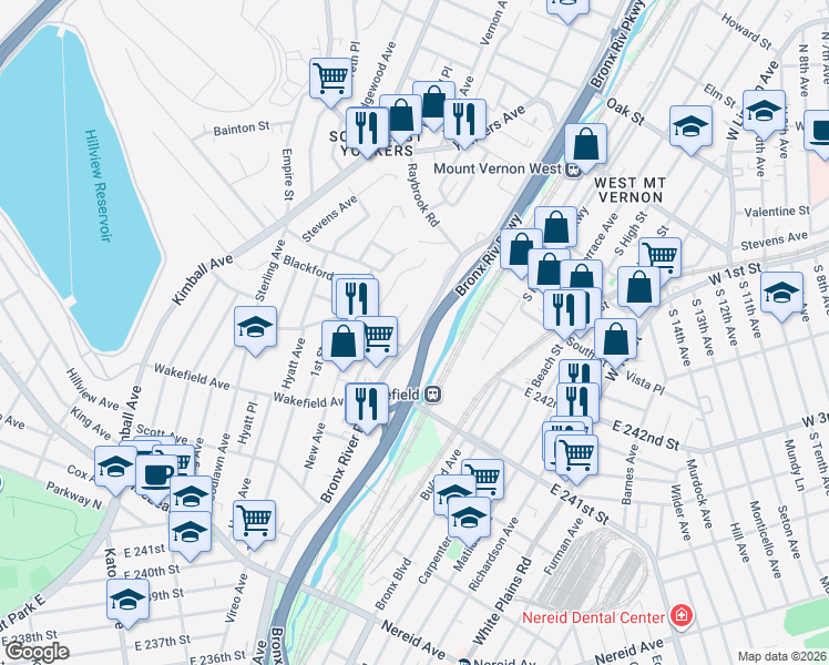 map of restaurants, bars, coffee shops, grocery stores, and more near 229 Bronx River Road in Yonkers