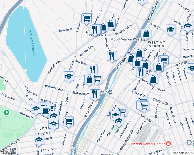 map of restaurants, bars, coffee shops, grocery stores, and more near 104 Glen Road in Yonkers