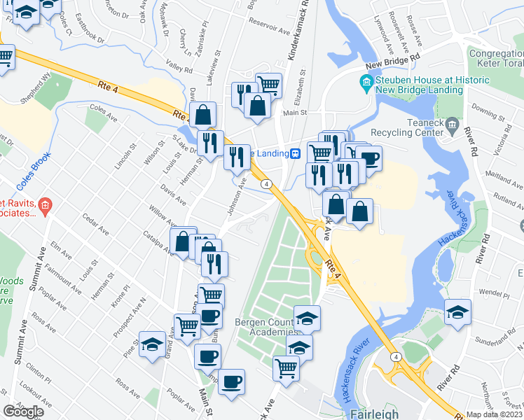 map of restaurants, bars, coffee shops, grocery stores, and more near 243 Kinderkamack Road in Hackensack
