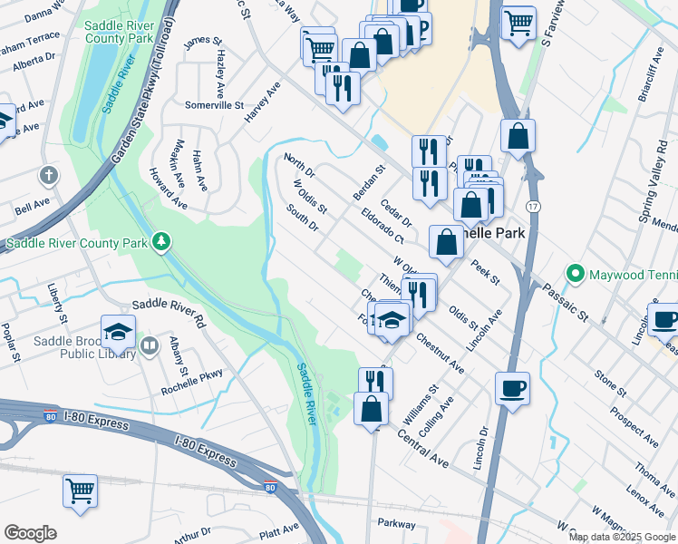 map of restaurants, bars, coffee shops, grocery stores, and more near 95 Chestnut Street in Rochelle Park