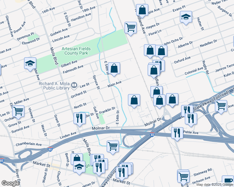 map of restaurants, bars, coffee shops, grocery stores, and more near 364 East 54th Street in Elmwood Park