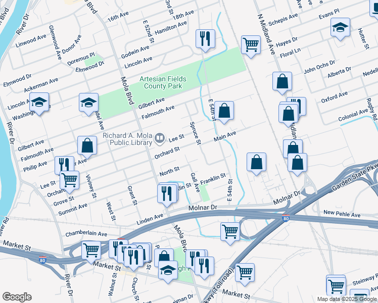 map of restaurants, bars, coffee shops, grocery stores, and more near 105 Gall Court in Elmwood Park