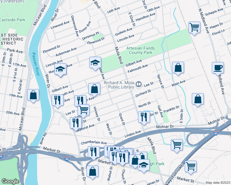 map of restaurants, bars, coffee shops, grocery stores, and more near 144 Miller Avenue in Elmwood Park