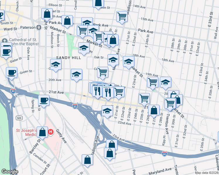 map of restaurants, bars, coffee shops, grocery stores, and more near 961 Madison Avenue in Paterson