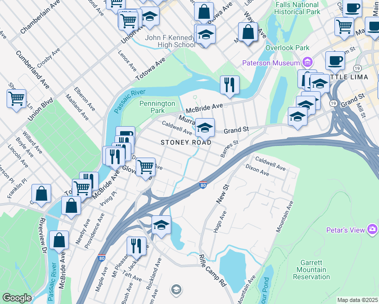 map of restaurants, bars, coffee shops, grocery stores, and more near 151 Carlisle Avenue in Paterson
