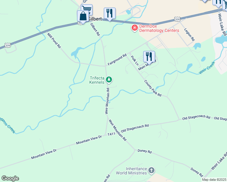 map of restaurants, bars, coffee shops, grocery stores, and more near Weir Mountain Road in Monroe County