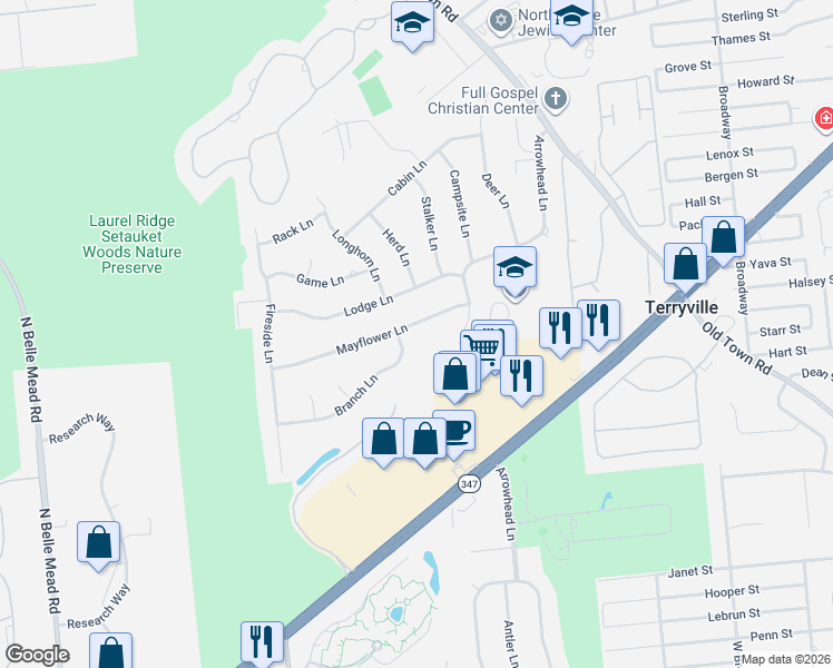 map of restaurants, bars, coffee shops, grocery stores, and more near 28 Mayflower Lane in Setauket- East Setauket
