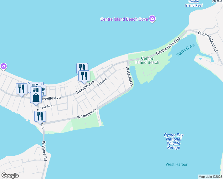 map of restaurants, bars, coffee shops, grocery stores, and more near 25 Hilary Drive in Bayville