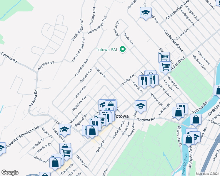 map of restaurants, bars, coffee shops, grocery stores, and more near 75 Hobart Place in Totowa