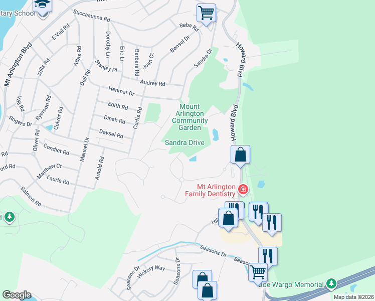 map of restaurants, bars, coffee shops, grocery stores, and more near 32 Harrison Way in Mount Arlington