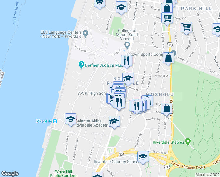 map of restaurants, bars, coffee shops, grocery stores, and more near 5800 Arlington Avenue in The Bronx