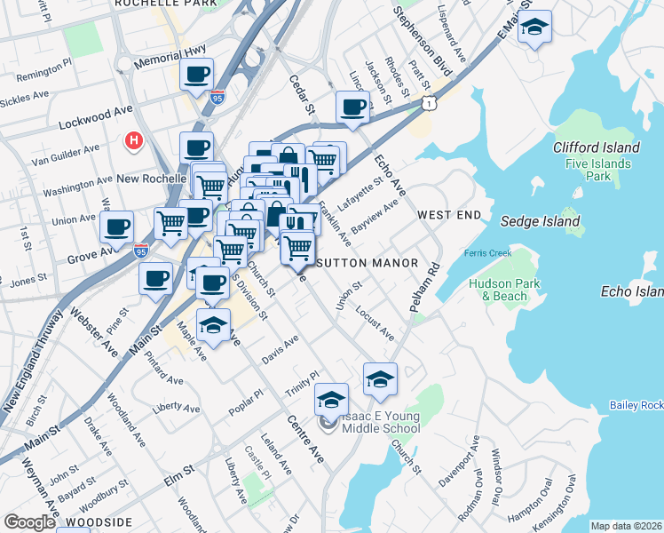 map of restaurants, bars, coffee shops, grocery stores, and more near 70 Locust Avenue in New Rochelle
