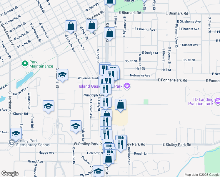 map of restaurants, bars, coffee shops, grocery stores, and more near 1311 South Locust Street in Grand Island