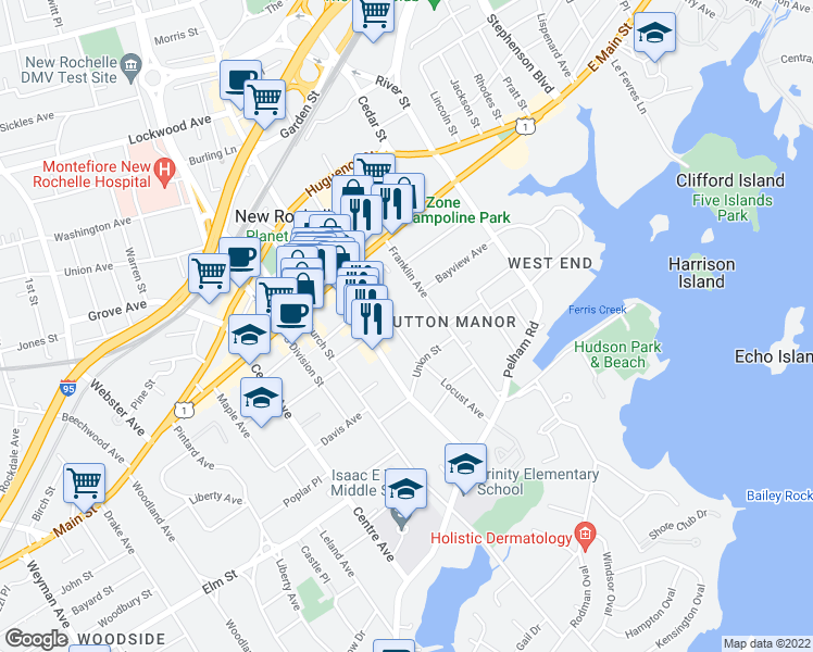 map of restaurants, bars, coffee shops, grocery stores, and more near 60 Locust Avenue in New Rochelle