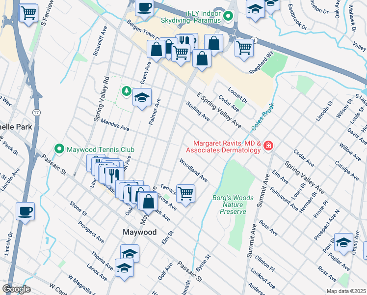 map of restaurants, bars, coffee shops, grocery stores, and more near 36 Lafayette Avenue in Maywood