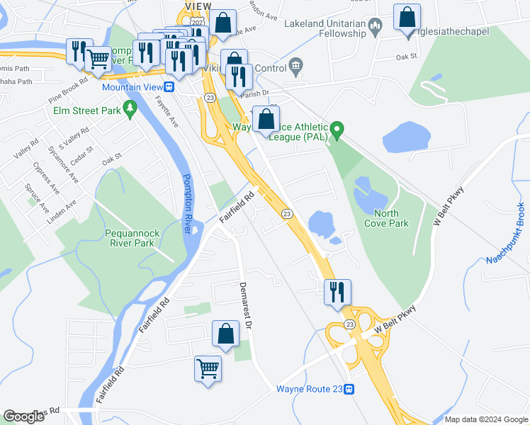 map of restaurants, bars, coffee shops, grocery stores, and more near 32 Van Ness Place in Wayne