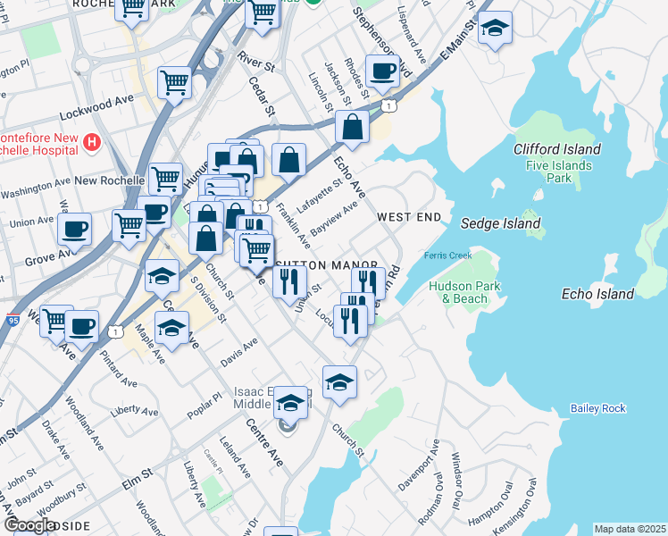 map of restaurants, bars, coffee shops, grocery stores, and more near 68 Soundview Street in New Rochelle