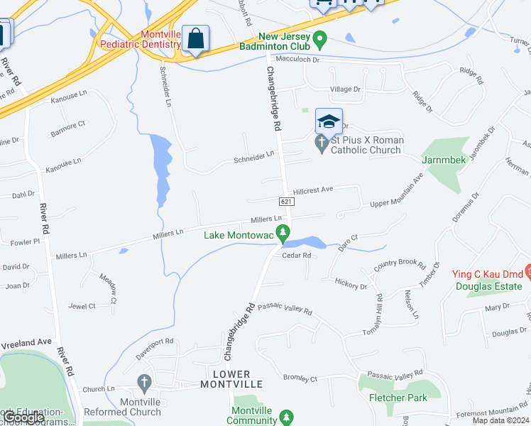 map of restaurants, bars, coffee shops, grocery stores, and more near 6 Millers Lane in Montville