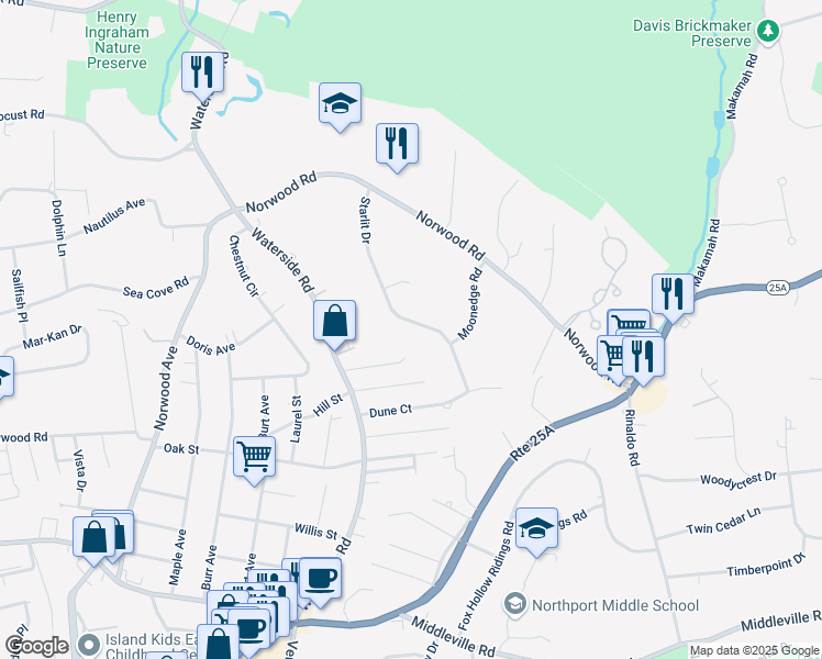 map of restaurants, bars, coffee shops, grocery stores, and more near 11 Starlit Drive in Northport