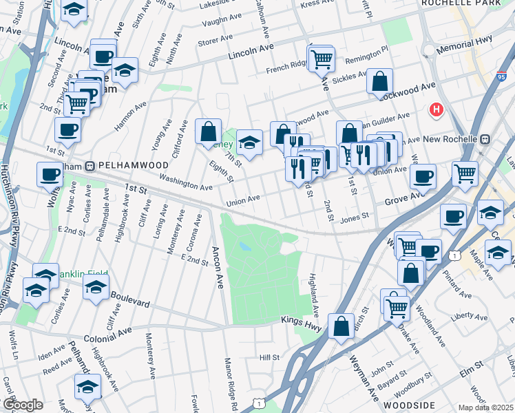 map of restaurants, bars, coffee shops, grocery stores, and more near 2 7th Street in New Rochelle