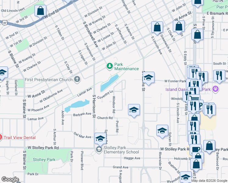 map of restaurants, bars, coffee shops, grocery stores, and more near 1599 Coventry Lane in Grand Island