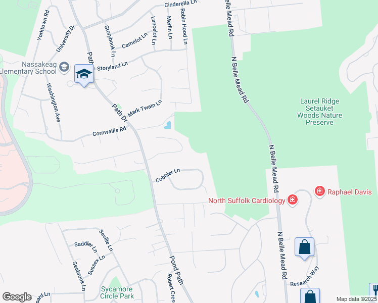 map of restaurants, bars, coffee shops, grocery stores, and more near 14 Ledgewood Circle in Setauket- East Setauket