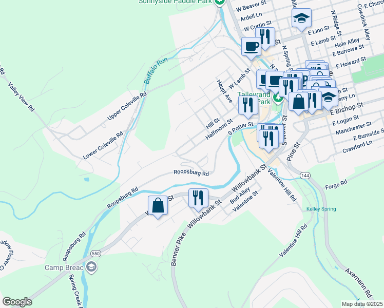map of restaurants, bars, coffee shops, grocery stores, and more near 842 Halfmoon Street in Bellefonte